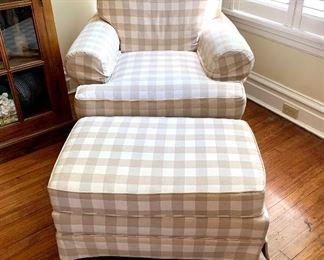 SOLD $300 - Cream & White Gingham Upholstered Club Chair  38”W x 40”L x 33” D with Ottoman 31”L x 18.5” W x 15” D 