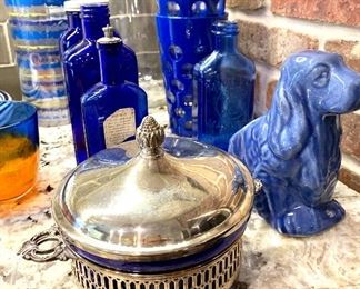 $10 Silver plated  Dish Cover and Base - blue glass dish inside.