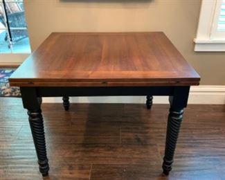 SOLD $350 - Wooden  Folding Table w/ Spiral Legs 39.5”W x 39.5” L x 30.5” H  (Unfolded 79”L x 39” H)