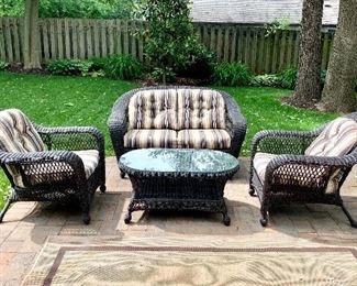 $800 Charleston Wicker 4-piece set (2 Chairs 38”W x 38”L x 35” H Loveseat 60”L x 37”W x 36” H and Coffee Table 40”L x 25”W x 19”H) 