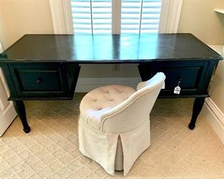 $200 Black Desk (as is - must disassemble to move) 64”L x 25”W x 29”H                                                                       $48 Tufted Upholstered Vanity Chair 29”H x 23” D 