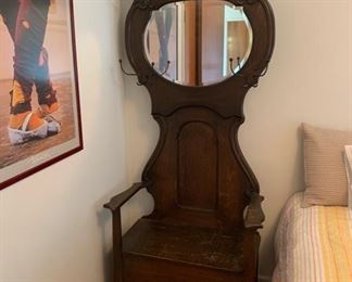 antique hall tree with bench and mirror 