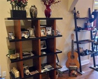 Baskets ,pottery,pic frames guitar and bookcases.