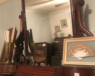 Antique Walnut Vanity Mirror with drawer and side boxes