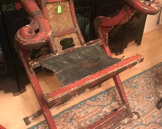 Asian Red lacquer Antique Huanghuali Folding Horseshoe Back Armchair