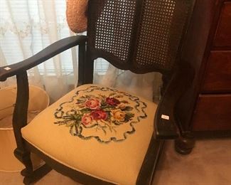 Antique Needlepoint Rocker with Wicker Back