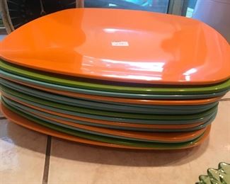 Various colorful square dinner plates