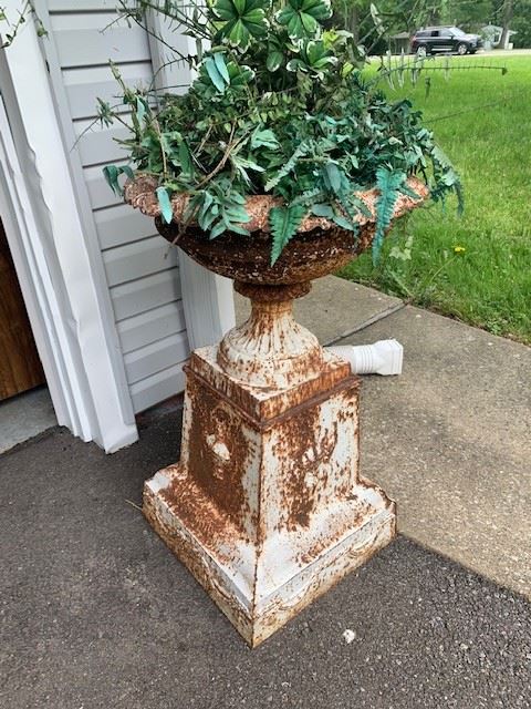 Monumental antique urn, two pieces, from Granville, Ohio sprawling estate. 19th century. Heavy iron. Top comes off of base. Heavily carved and SPECTACULAR! $625