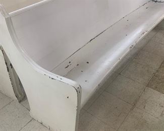 Unbelievable church pews! Original white chippy paint. Each has a slight curve to the back to it as part of the original design. Also backs have book holder slots. Sturdy and wonderful. There are two which are 8 feet long and one that is 9 feet long. $235 each, you choose which one you want. The first one is white chippy paint and the other two are more creamy chippy painted. 1920s-1930s. 