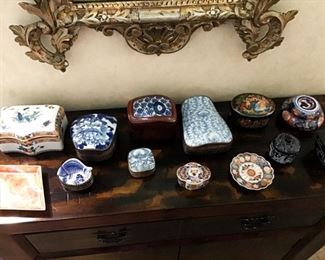 Collection of Small Boxes, Chinese Blue and White Porcelain Fragments, Russian Porcelain Box, Limoges Style French Box