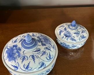 $16.00  Set Lidded Blue and White Porcelain Jars.  6" and 4"
