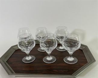 $40.00  Jaunty Hand Blown Leaded Crystal Brandy Glasses, Set (6) with Silver Trimmed Wooden Tray