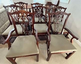$300.00  Set 8 Carved Dining Chairs with Upholstered seats.  4 with Arms and 4 standard.  Some slight staining on upholstery, easy to recover.  Solid frames.