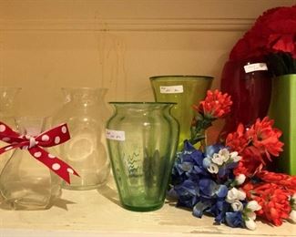 Vases and Texas bluebonnets and Indian paint brushes.