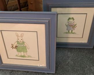 Framed and-stitched rabbit and frog