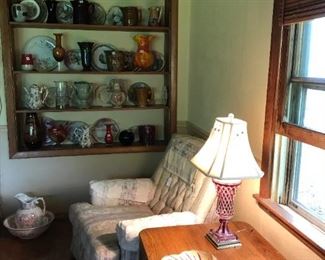Living Room Chair, Lamp, Plates, Vases, Pitchers and Oak End Table