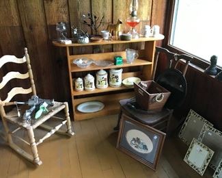 Rocking Chairs, Oil Lamps, Canisters, Prints, Picture Frames, Iron Legs, etc. 