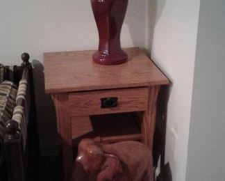 Carved elephant, pair cranberry china lamps, end table