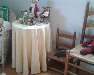 TEDDY BEARS AND VINTAGE DOLL AND RUSH CHAIRS