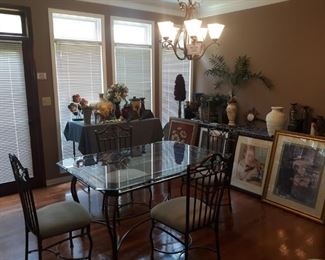 Dining set glass top table and 4 chairs plus decor