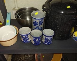Pottery Cups, Vintage Metal Saucepans, Blue Speckled Pot