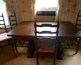 Large antique draw leaf table &  non matching chairs