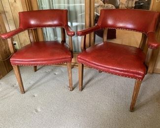 (2) Vintage Red Leather and Wood Side Chairs
