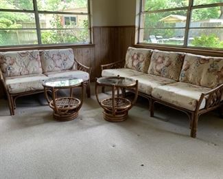 Rattan sofa, love seat and 2 round side tables