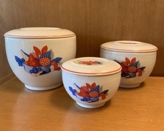 Vintage Calico fruit bowls with lids made in USA.