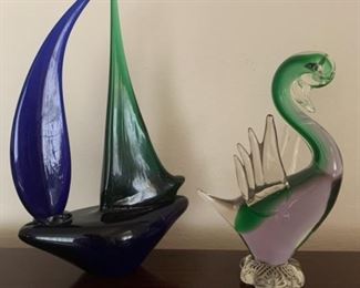 Murano Style Art Glass Swan and Sailboat