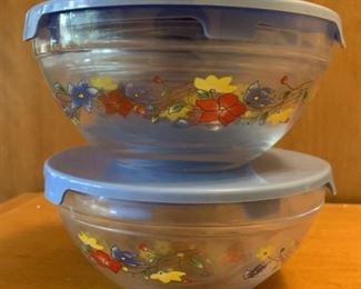 2 Sets of Lidded Glass Storage Bowls with Flowers