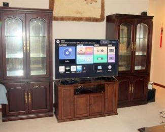 2018 55” Samsung Smart TV, Pair of Lighted Curio Cabinets, Crosley TV Stand