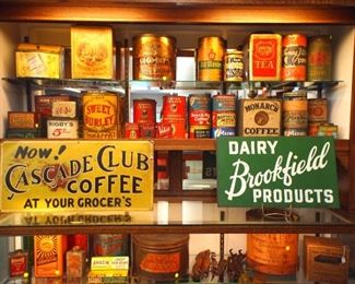 Country store cans, tins, advertising signs, etc