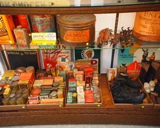 Country store tins, tonics, medicines, kitchen items, boots, advertising signs, etc