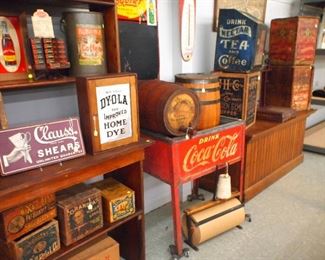 Country store items, kegs, Coke, coffee box, tins, etc