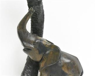 23" Hand Carved Elephant Chasing Boy Up A Tree