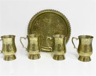 Saudi Arabia Brass Serving Tray with Matching Mugs