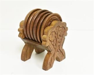 Hand Carved Sheesham Wooden Coaster Set with Inlay