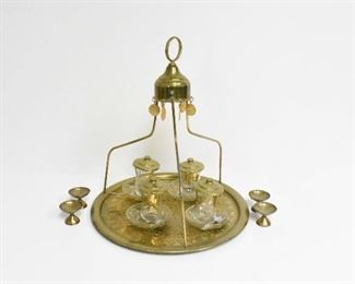 Brass Tray with 4 Cups Lids Pedestals & Saucers
