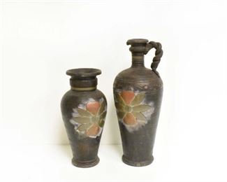 Clay Pottery Vase & Decanter w/Copper Flower Decor