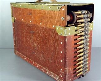 Machine Gun Shell Box With Rollers And Approx 63 Rds (Unknown Cal) On Link