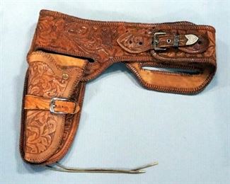 Tooled Leather Holster With Belt, Size Unknown
