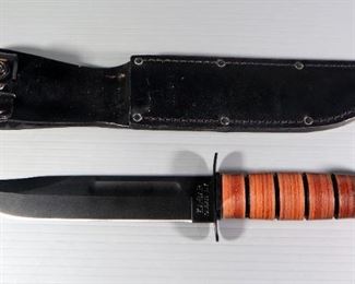 Ka-Bar USMC Fixed Blade Knife, 7" Blade, In Leather Sheath