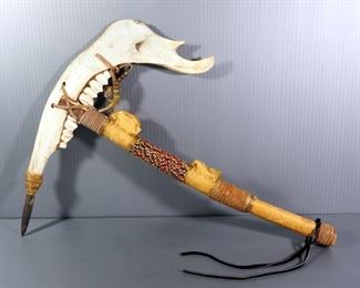 Jawbone Hatchet With Bladed Back End And Beaded And Leather Wrapped Handle