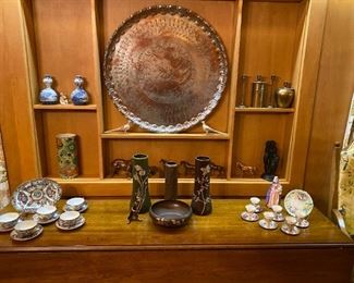 Stunning Extra Long Drop Leaf Table / Oversized Copper Tray / Heintz Sterling over Copper Pieces / Lenox Sterling Silver Demitasse Set / Japanese Rose Medallion Plate / Set of 5 Satsuma Cups and Saucers