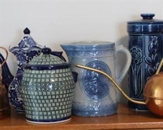 447 - Shelf lot w/ salt glaze pitcher
