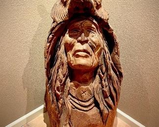 4 foot Native American wood carving with Wolf Headdress