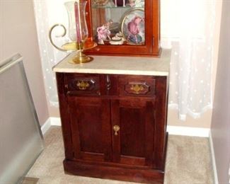 Victorian marble top chest, small wall cabinet & contents