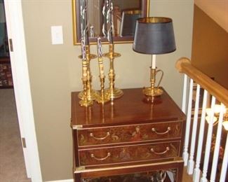 Beautiful inlaid table stand and Baldwin brass candlesticks