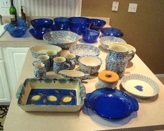 Roseville spongeware by Gerald Hinn and cobalt blue bowls.